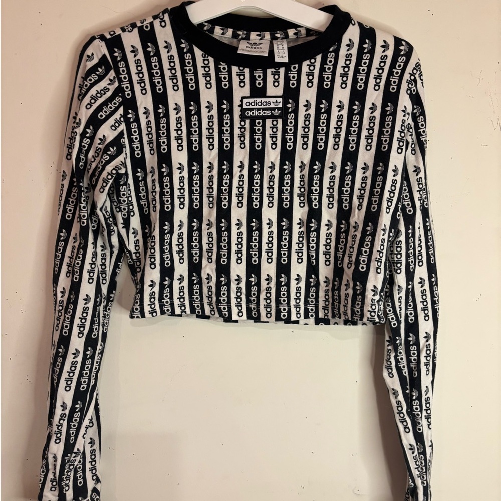 adidas Black and Silver Long Sleeve Cropped Sweatshirt
